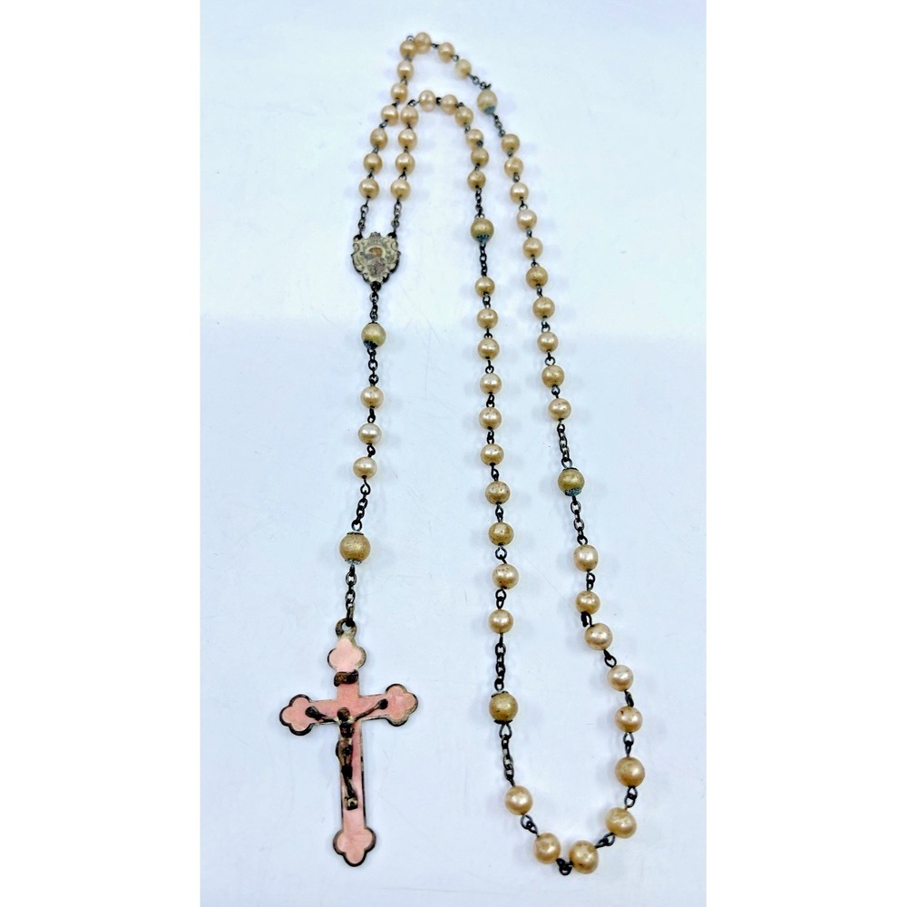 VTG Italy Rosary Faux Pearl Enamel Pink Crucifix Christianity Prayer Rosary